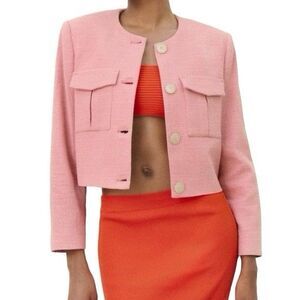 NWT ZARA Cropped Blazer Jacket M Pastel Pink Textured Button Coquette Preppy